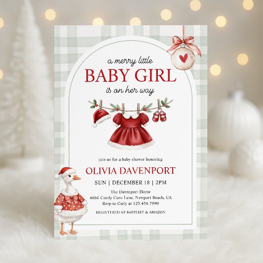 Merry Little Girl Goose Christmas Baby Shower Einladung