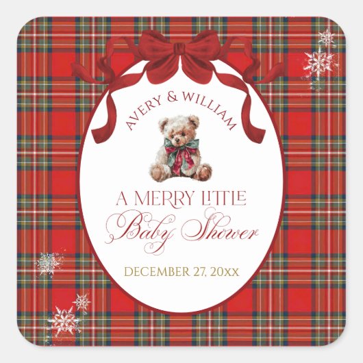 Merry Little Red Bow Christmas Plaid  Quadratischer Aufkleber (Vorderseite)