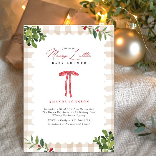 Merry Little Red Bow Gingham Baby Shower Einladung
