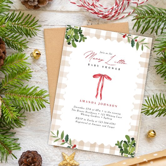 Merry Little Red Bow Gingham Baby Shower Einladung