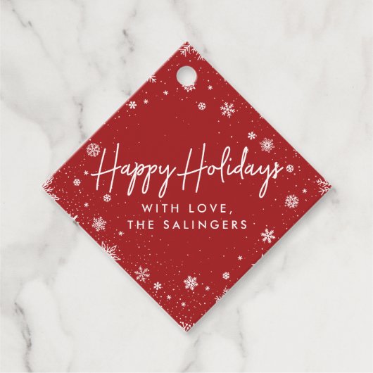 Merry Magic | Roter und weißer Schneeflocken Geschenkanhänger (Vorderseite)