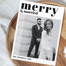 Merry & Married Christmas Modern Photo Black White Feiertagspostkarte