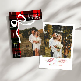 Merry & Married Script Photo Christmas Tartan Bow Feiertagskarte