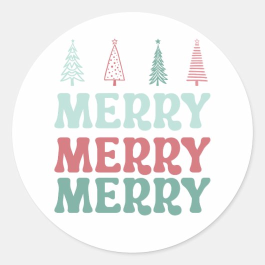 Merry Merry Merry with Pastel Boho Christmas Trees Runder Aufkleber (Vorderseite)
