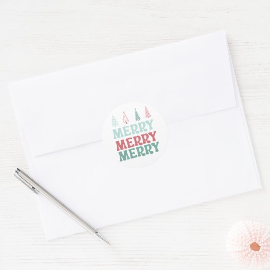 Merry Merry Merry with Pastel Boho Christmas Trees Runder Aufkleber (Umschlag)