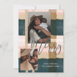 Merry Modern Green & Pink Kariert Kariert zwei Fot Feiertagskarte