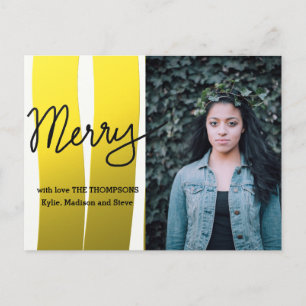 Merry Modern Script Gold Stripes Holiday Foto Feiertagspostkarte
