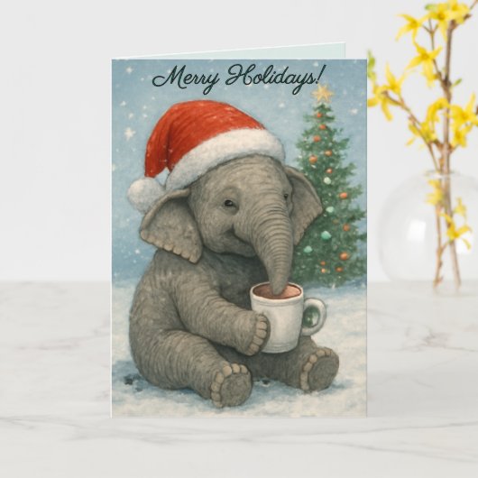 Merry Moments with a Cocoa-Loving Elephant Holiday Karte (Gelbe Blume)