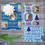 Merry Navy interreligiöse Chrismukkah Assortiment Geschenkpapier Set<br><div class="desc">Fügen Sie dieses maßgeschneiderte Geschenksortiment mit Ihren Fotos und ein Design-Thema von dunkelmarineblauen Menorahs und Weihnachtsbäumen für eine von einer Art personalisierten interreligiösen Chrismukkah Feier. Wrapping Paper Sheet One ist ein Set auf tiefblauem Hintergrund mit hellblauen Typografiettexten, abwechselnd mit zwei Ihrer Lieblings-Fotos, die in hellblau gerahmt sind. Gift Wrap Sheet...</div>