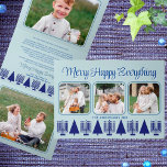 Merry Navy Intertrust Elegante Script 4 Foto Dreifach Gefaltete Urlaubskarte<br><div class="desc">Entwerfen Sie Ihre eigenen 5-Foto-Dreifach-Urlaubskarten mit dieser eleganten, modernen Marine und dem leichten Merry Happy Alles Interreligiöse Design. Das horizontale Design umfasst drei Ihrer Lieblingsbilder auf der Vorderseite, abgerundete Ecken und mit einem dünnen dunkelblauen Rahmen auf pastellblauem Hintergrund umgeben. Der tiefblaue Text in einem eleganten Script-Schriftart an der Spitze wird...</div>