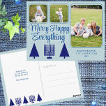 Merry Navy Intertrust Family Kinder 3 Foto Urlaub Postkarte<br><div class="desc">Eine 3 Foto Collage Urlaub Postkarte Vorlage für Sie zu personalisieren für elegante Marine und Pastellblau Interglées Merry Happy Alles Urlaub Grüße macht es eine Brise, Ihre eigenen Chrismukkah Postkarten zu kreieren. Die Vorderseite dieser schicken Marine und hellblauen Foto Postkarten bieten moderne Weihnachtsbäume und eine marineblaue Menorah zusammen mit zwei...</div>