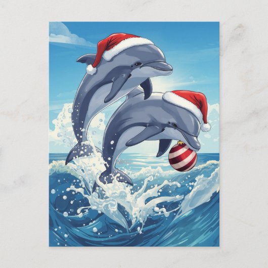 Merry Ocean Dolphins Weihnachtsmannmützen Weihnach Feiertagspostkarte (Vorderseite)