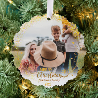 Merry-Ornamente Foto Familienname und Jahresgold Ornament Karte