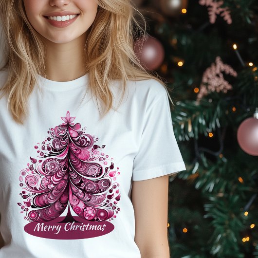 Merry Pink Christmas Art Nouveau Whimsical Tree T-Shirt