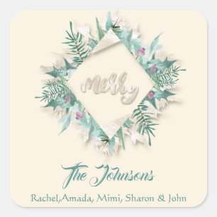 Merry Pink Name Mint Green Elfenbein Urlaub Kranz Quadratischer Aufkleber