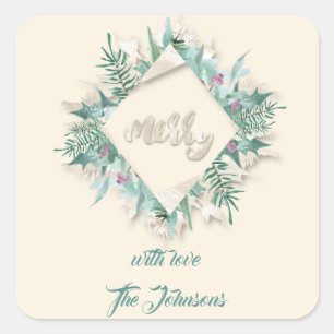 Merry Pink Name Mint Green Elfenbein Urlaub Kranz Quadratischer Aufkleber