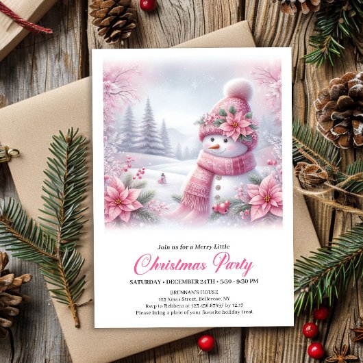 Merry Pink Snowman Editable Christmas Kids Invite  Einladung