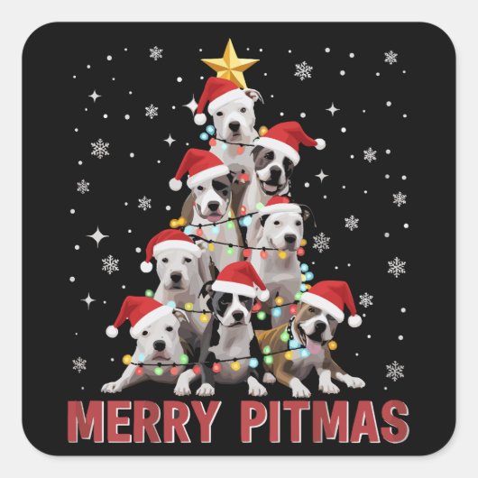 Merry Pitmas Pitbull Dog Tree Ugly Weihnachten Quadratischer Aufkleber (Vorderseite)