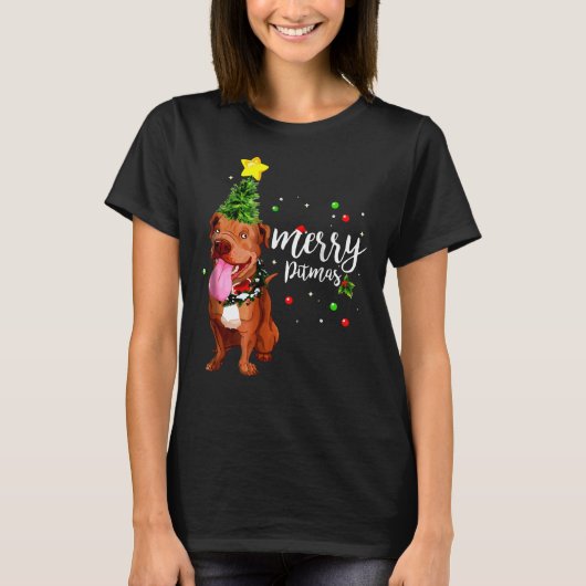 Merry Pitmas Pitbull Weihnachtsbaum T-Shirt (Vorderseite)