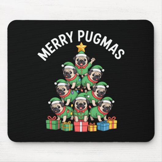 Merry Pugmas Funny Pug Christmas Tree Holiday Long Mousepad (Vorne)
