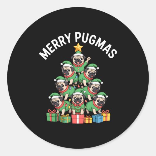Merry Pugmas Funny Pug Christmas Tree Holiday Long Runder Aufkleber (Vorderseite)