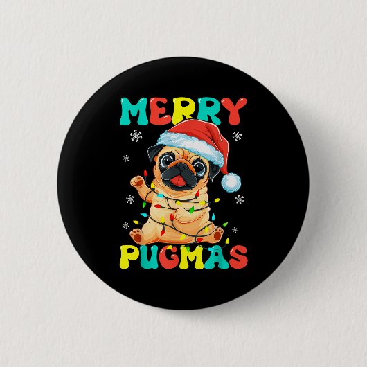 Merry Pugmas Pug Christmas Santa Pug Xmas Lights D Button (Vorderseite)