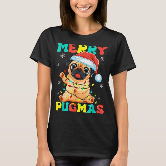Merry Pugmas Pug Christmas Santa Pug Xmas Lights D T-Shirt (Vorderseite)