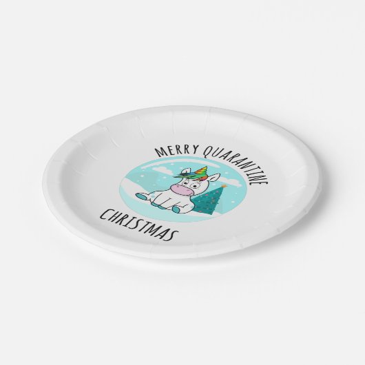 Merry Quarantine Christmas Unicorn Pappteller (Schrägansicht)