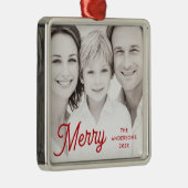 Merry red festive retro font name year photo ornament aus metall (Rechts)