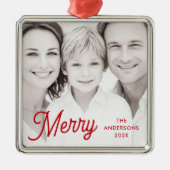 Merry red festive retro font name year photo ornament aus metall (Vorne)