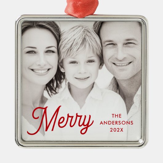 Merry red festive retro font name year photo ornament aus metall (Vorne)
