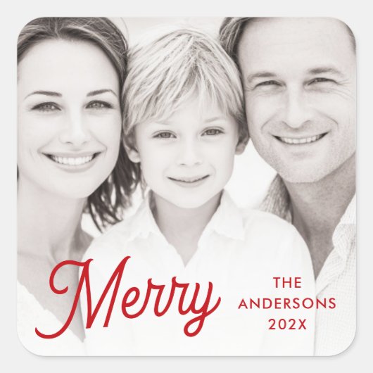 Merry red festive retro font name year photo quadratischer aufkleber (Vorderseite)