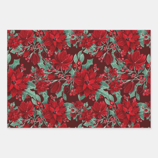 Merry Red Poinsettia Blume Ivy Blätter Wasserfarbe (Vorderseite 2)