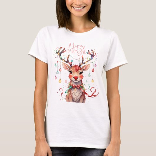 Merry Reindeer Rudolph und Christmas Lights T-Shirt (Vorderseite)