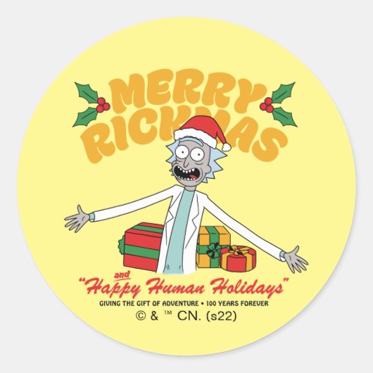 Merry Rickmas and Happy Human Holidays Runder Aufkleber (Vorderseite)