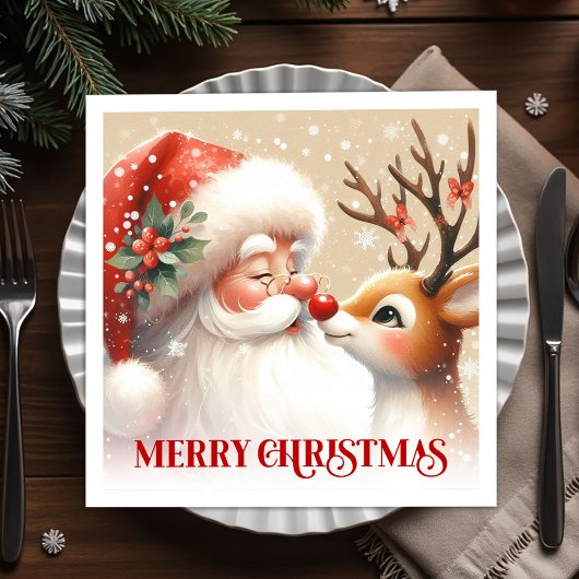 Merry Santa and Rudolph Christmas Napkins Dinner Serviette