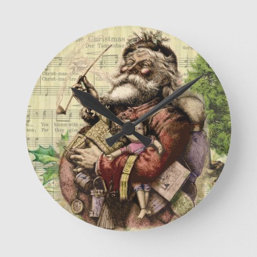 Merry Santa Claus and The Christmas Tree Runde Wanduhr (Vorderseite)