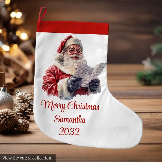 Merry Santa Claus Rustic Custom Name Editable  Großer Weihnachtsstrumpf