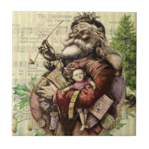 Merry Santa Claus Tree Classic Illustration Fliese
