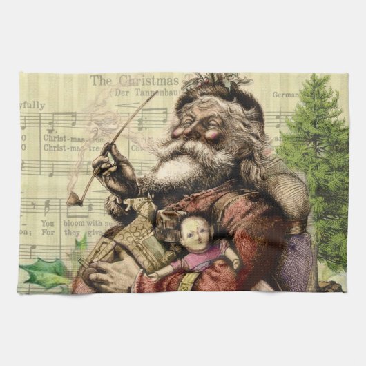 Merry Santa Claus Tree Classic Illustration Geschirrtuch (Horizontal)