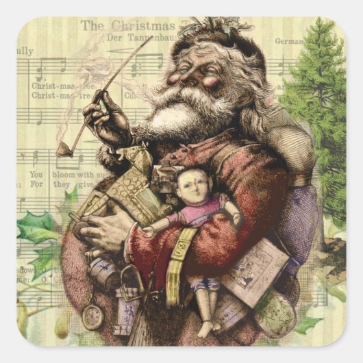 Merry Santa Claus Tree Classic Illustration Quadratischer Aufkleber (Vorderseite)