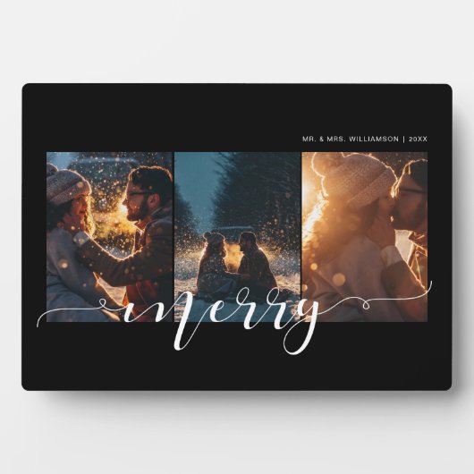 Merry Script Couple Drei Foto Layout Keepake Fotoplatte (Vorderseite)