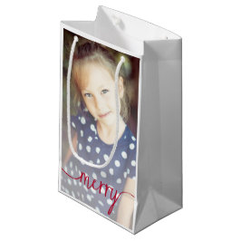 Merry Script Custom Foto Geschenktasche / Rot Kleine Geschenktüte