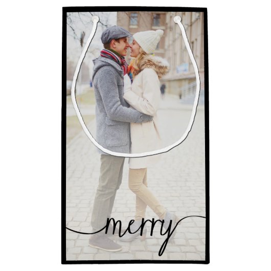 Merry Script Custom Foto Geschenktasche / Schwarz Kleine Geschenktüte (Rückseite)
