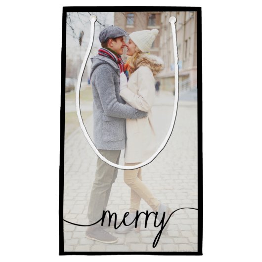 Merry Script Custom Foto Geschenktasche / Schwarz Kleine Geschenktüte (Vorderseite)