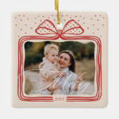Merry Script Elegant Christmas Bow Foto Keepake Keramikornament (Vorderseite)