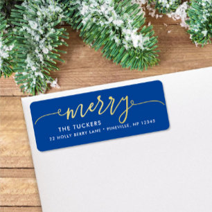 MERRY Script Gold Foil auf Blue Christmas Address