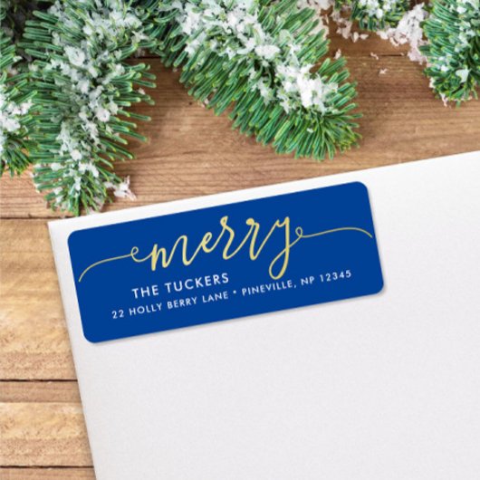 MERRY Script Gold Foil auf Blue Christmas Address