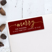 MERRY Script Gold Foil Dark Red Christmas Address