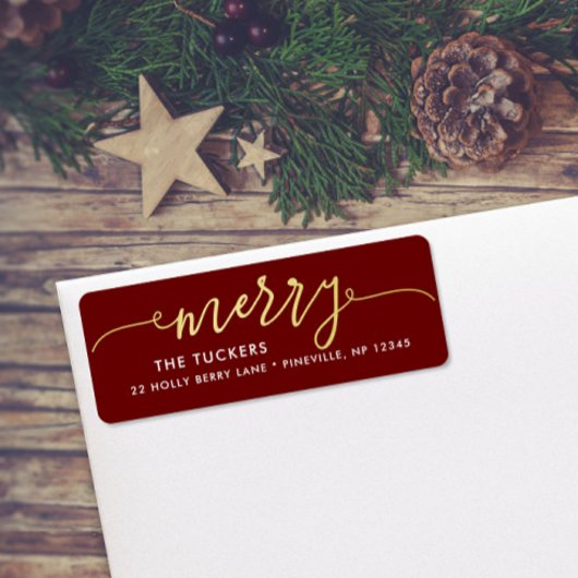 MERRY Script Gold Foil Dark Red Christmas Address
